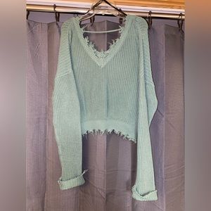 Green Distressed Cropped Sweater
